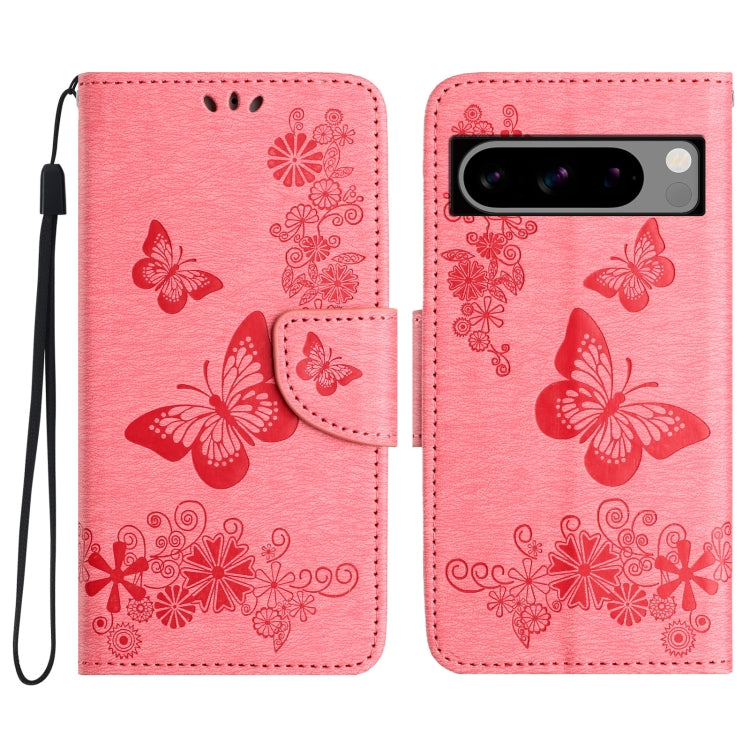 Pink butterfly embossed flip leather phone case for Google Pixel 8, showcasing its elegant design and functional features.