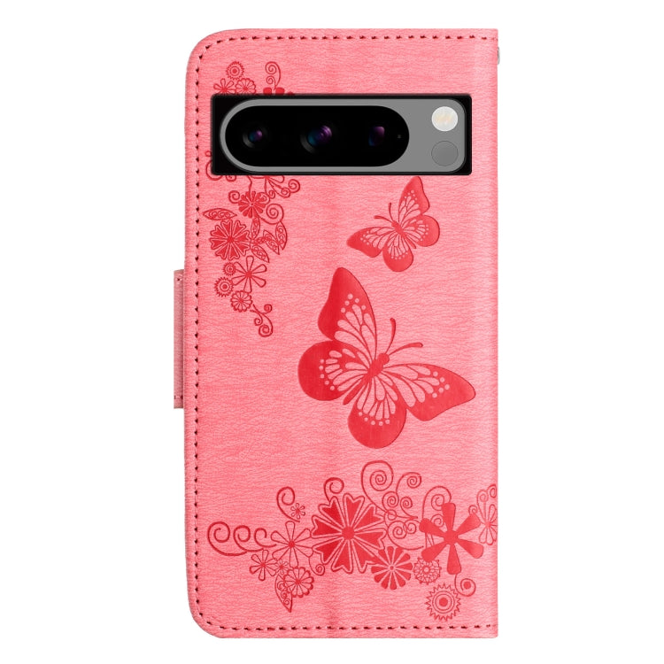 Pink butterfly embossed flip leather phone case for Google Pixel 8, showcasing its elegant design and functional features.