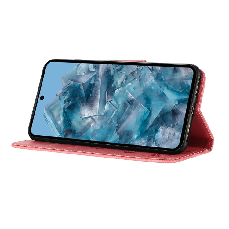 Pink butterfly embossed flip leather phone case for Google Pixel 8, showcasing its elegant design and functional features.