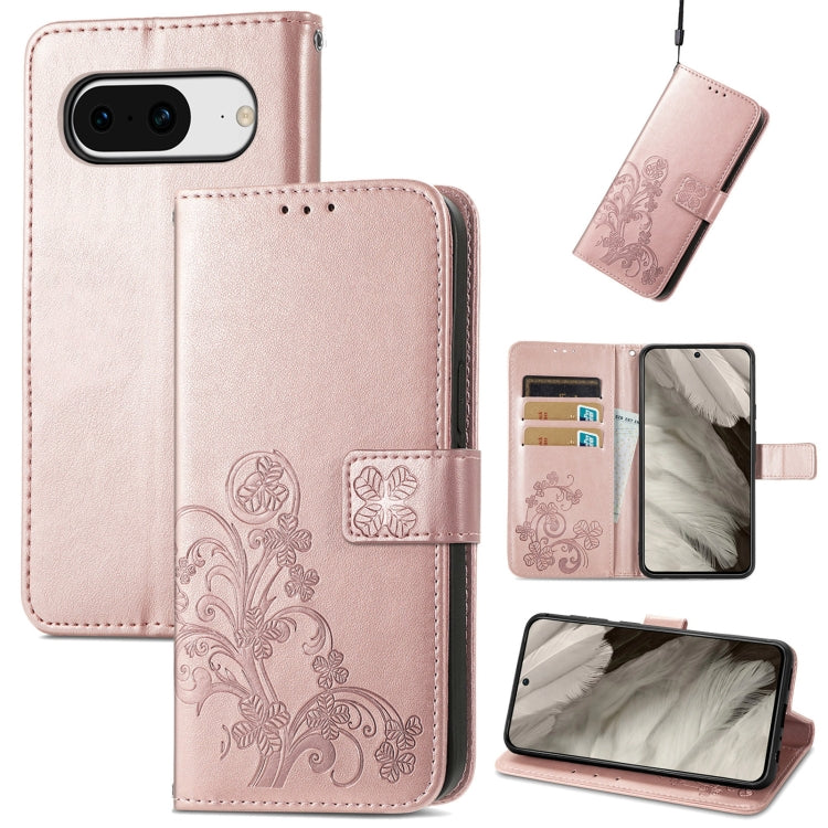 Rose-colored Four-leaf Clasp Embossed Leather Phone Case for Google Pixel 8, showcasing elegant design and functional features.