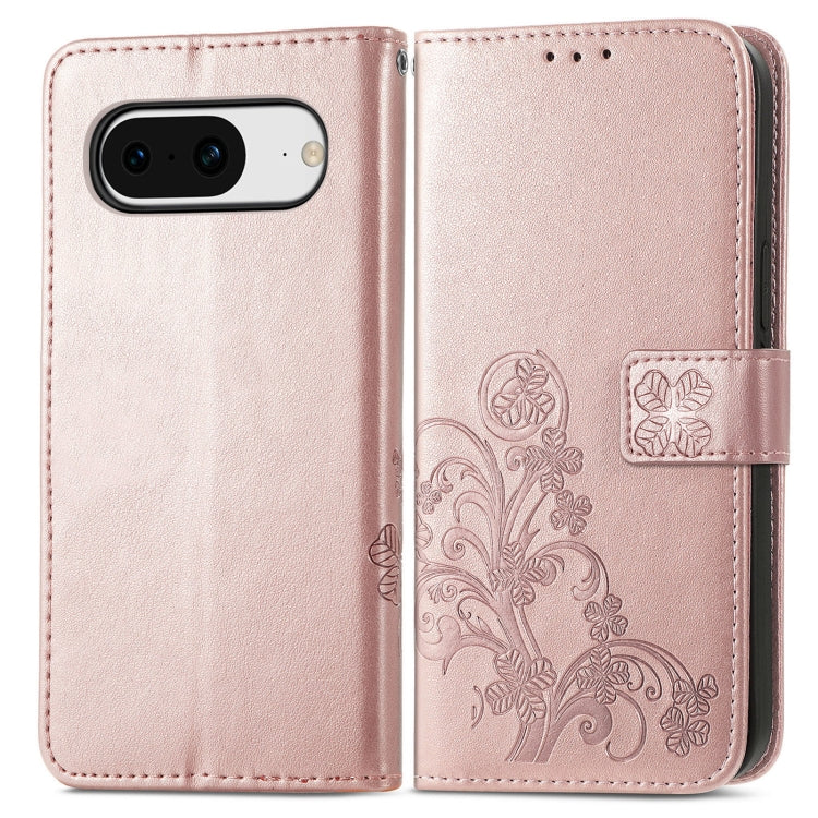 Rose-colored Four-leaf Clasp Embossed Leather Phone Case for Google Pixel 8, showcasing elegant design and functional features.