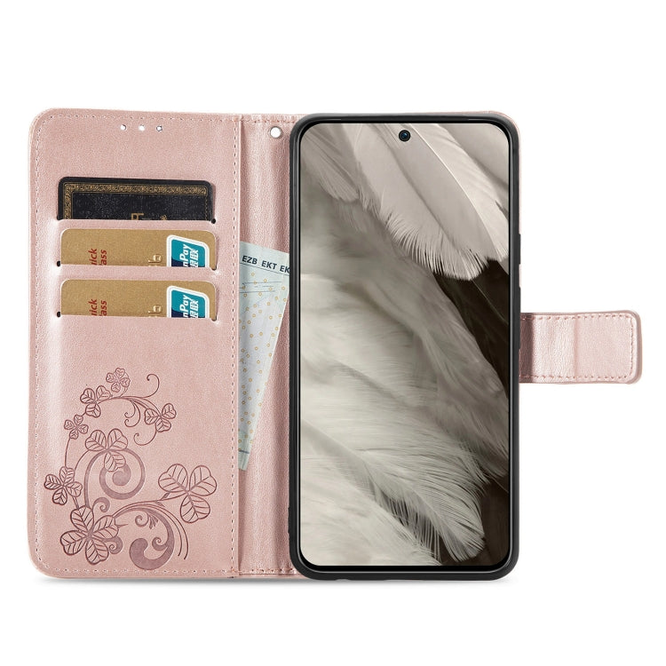 Rose-colored Four-leaf Clasp Embossed Leather Phone Case for Google Pixel 8, showcasing elegant design and functional features.