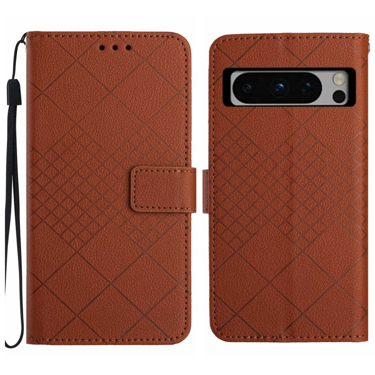 Brown leather phone case for Google Pixel 8 Pro with rhombic grid texture, showcasing its stylish design and functional features.
