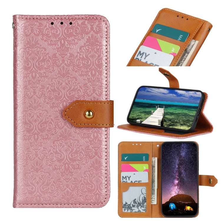 Pink floral embossed leather phone case for Google Pixel 8a, showcasing elegant design and card slots.