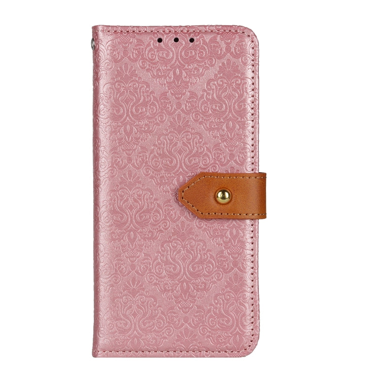 Pink floral embossed leather phone case for Google Pixel 8a, showcasing elegant design and card slots.