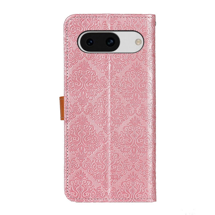 Pink floral embossed leather phone case for Google Pixel 8a, showcasing elegant design and card slots.