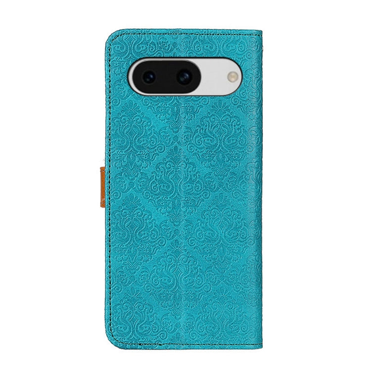 Blue European Floral Embossed Leather Phone Case for Google Pixel 8a, showcasing its elegant design and card slots.