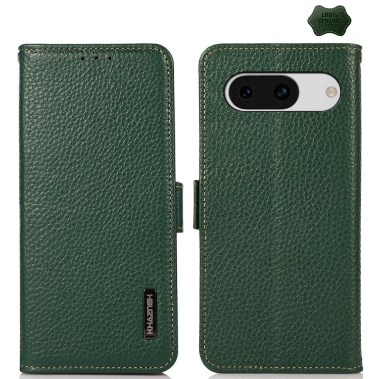 KHAZNEH Side-Magnetic Litchi Genuine Leather RFID case for Google Pixel 8a, showcasing its elegant design and card wallet functionality.