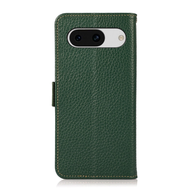 KHAZNEH Side-Magnetic Litchi Genuine Leather RFID case for Google Pixel 8a, showcasing its elegant design and card wallet functionality.