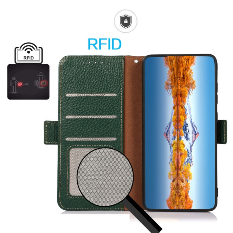 KHAZNEH Side-Magnetic Litchi Genuine Leather RFID case for Google Pixel 8a, showcasing its elegant design and card wallet functionality.