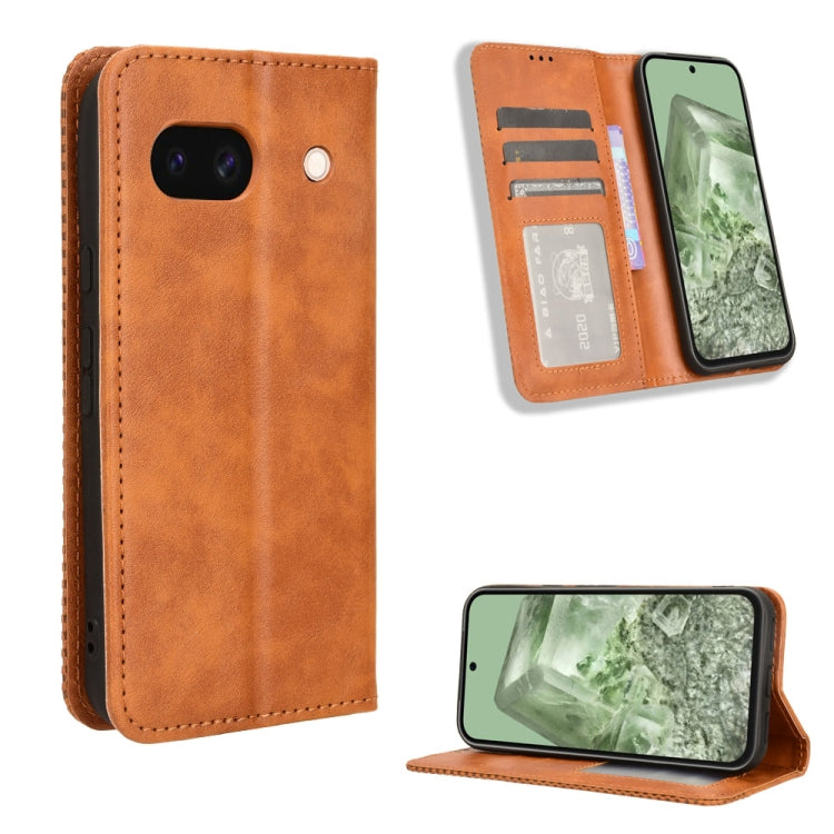 For Google Pixel 8a Magnetic Buckle Retro Texture Leather Phone Case showcasing its stylish design and functional features.