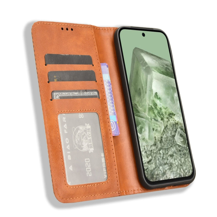 For Google Pixel 8a Magnetic Buckle Retro Texture Leather Phone Case showcasing its stylish design and functional features.