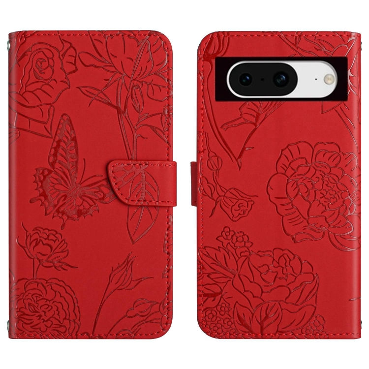 Butterfly embossed flip leather phone case for Google Pixel 8a, showcasing its elegant design and functional features.