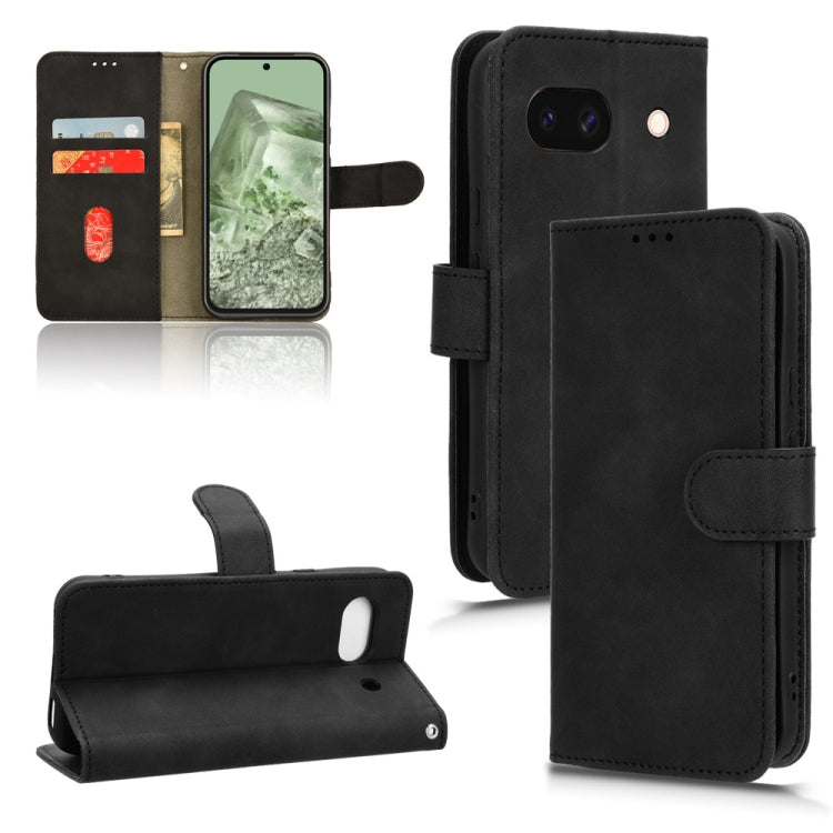 Black magnetic flip leather phone case for Google Pixel 8a, showcasing card slots and a sleek design.