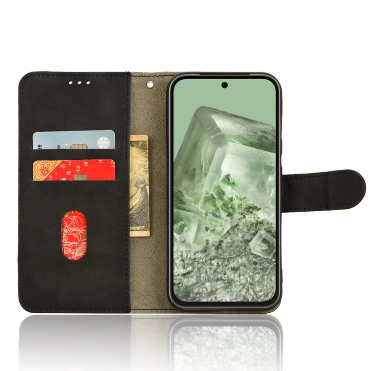 Black magnetic flip leather phone case for Google Pixel 8a, showcasing card slots and a sleek design.