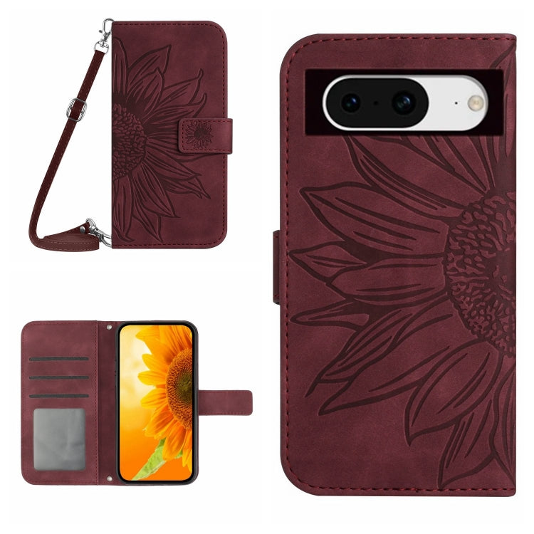 For Google Pixel 8a Sun Flower Embossed Flip Leather Phone Case showcasing its stylish design and functional features.