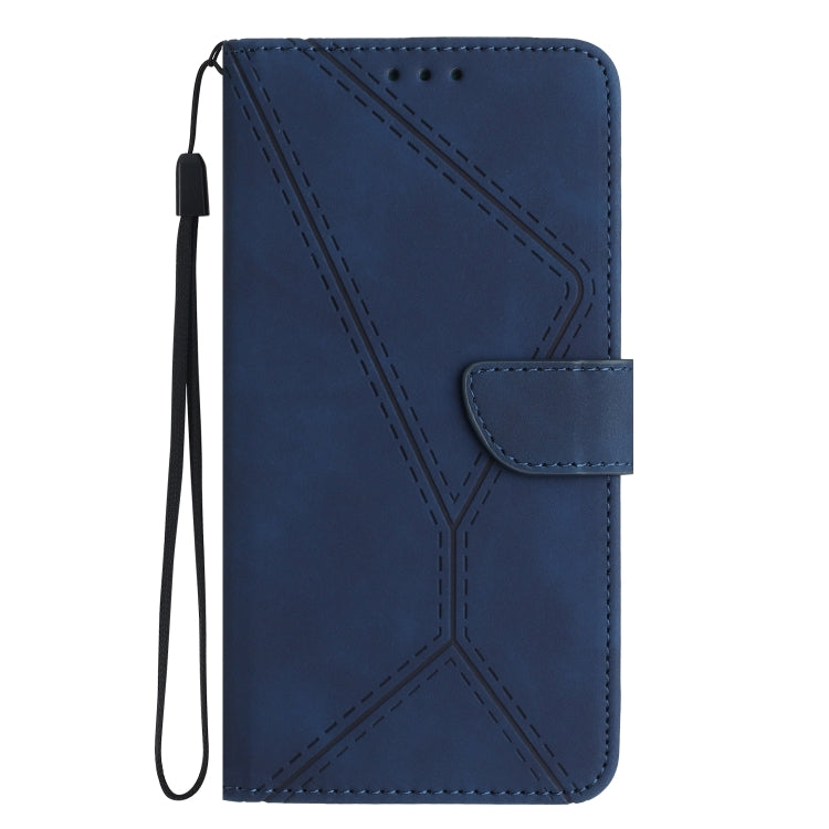 Blue stitching embossed leather phone case for Google Pixel 8a, featuring card slots and a kickstand.