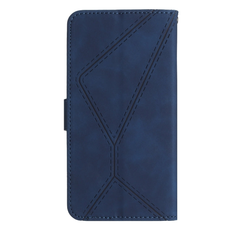 Blue stitching embossed leather phone case for Google Pixel 8a, featuring card slots and a kickstand.