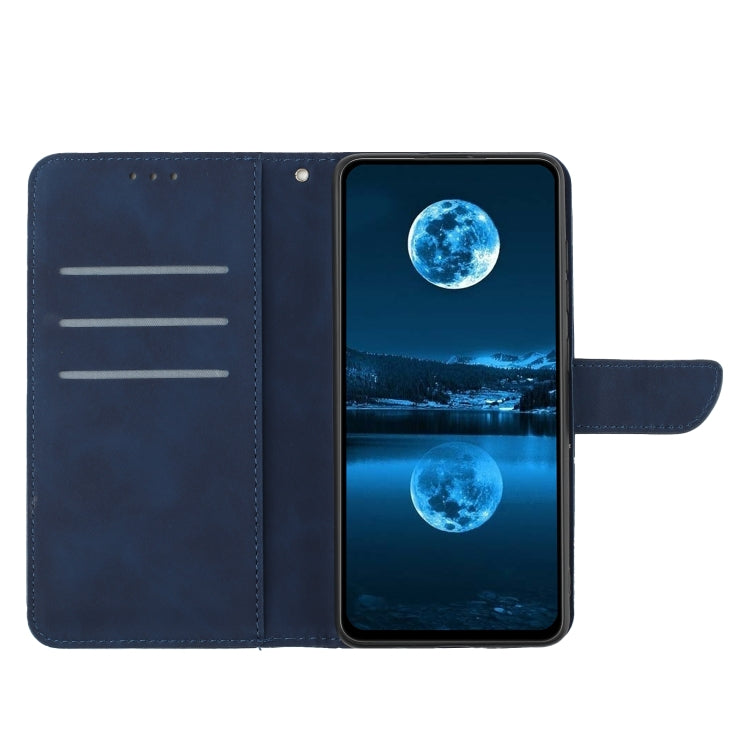 Blue stitching embossed leather phone case for Google Pixel 8a, featuring card slots and a kickstand.