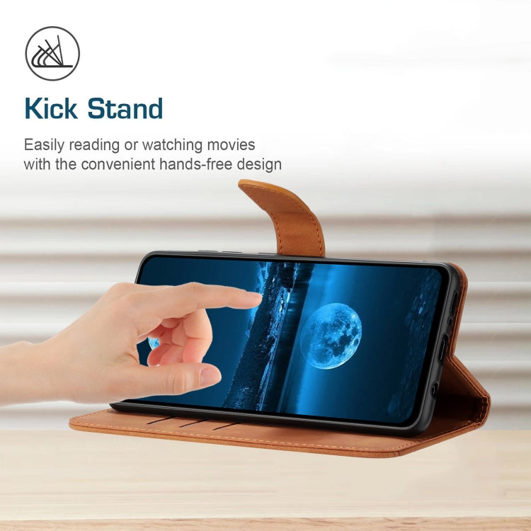 Brown stitching embossed leather phone case for Google Pixel 8a, showcasing card slots and kickstand feature.