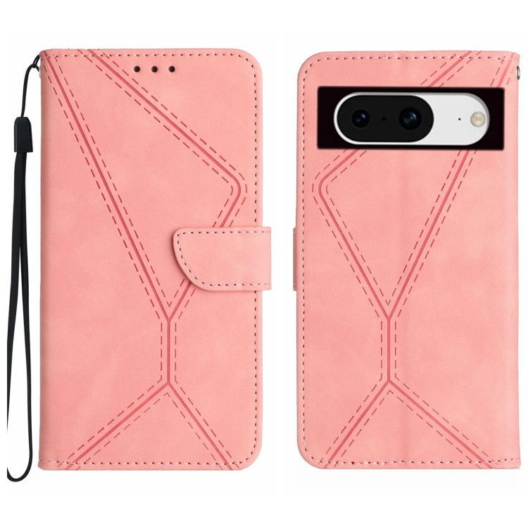 Pink stitching embossed leather phone case for Google Pixel 8a, showcasing its stylish design and functional features.