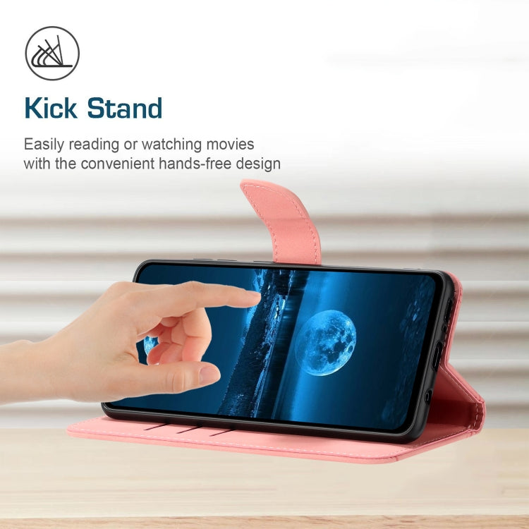 Pink stitching embossed leather phone case for Google Pixel 8a, showcasing its stylish design and functional features.