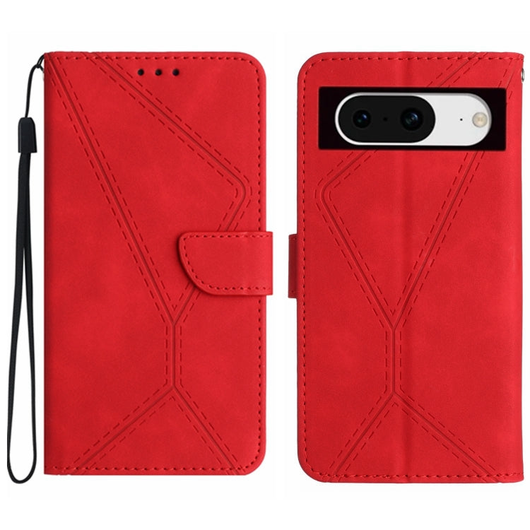 Red stitching embossed leather phone case for Google Pixel 8a, featuring card slots and a kickstand.