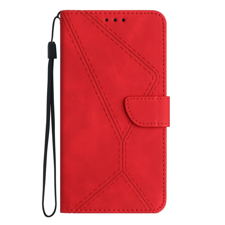 Red stitching embossed leather phone case for Google Pixel 8a, featuring card slots and a kickstand.