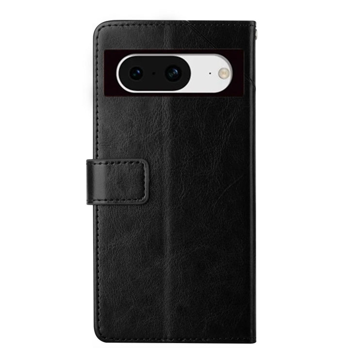 Black Y-shaped pattern flip leather phone case for Google Pixel 8a, showcasing its stylish design and functional features.
