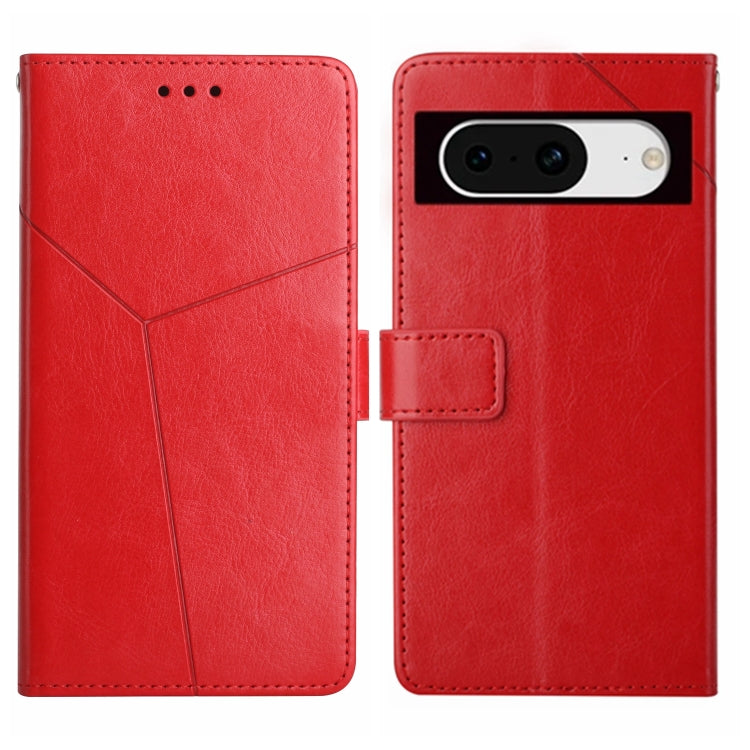 Red Y-shaped pattern flip leather phone case for Google Pixel 8a, showcasing its stylish design and functional features.