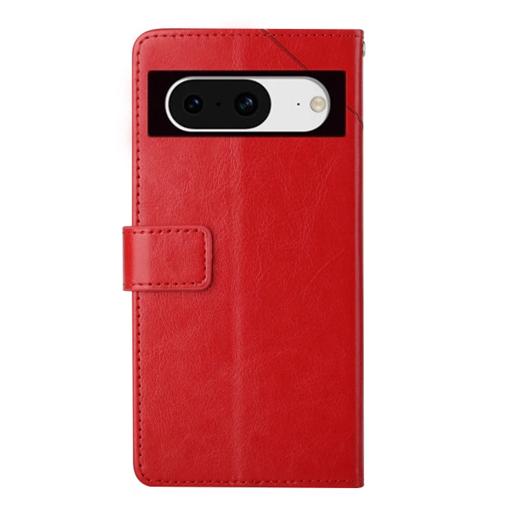 Red Y-shaped pattern flip leather phone case for Google Pixel 8a, showcasing its stylish design and functional features.