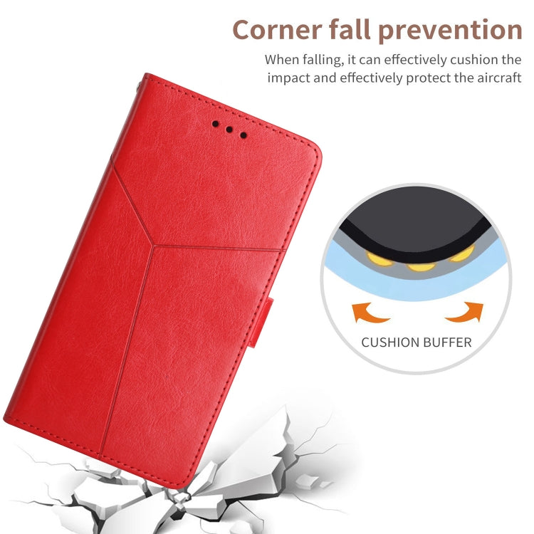 Red Y-shaped pattern flip leather phone case for Google Pixel 8a, showcasing its stylish design and functional features.