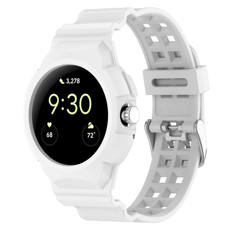 Fully enclosed silicone watch strap for Google Pixel Watch 2, showcasing its sleek design and adjustable features.
