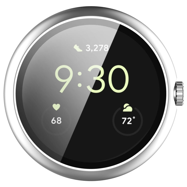 Google Pixel Watch 2 protective case made of PC and tempered glass, showcasing a sleek design that fully surrounds the watch for maximum protection.