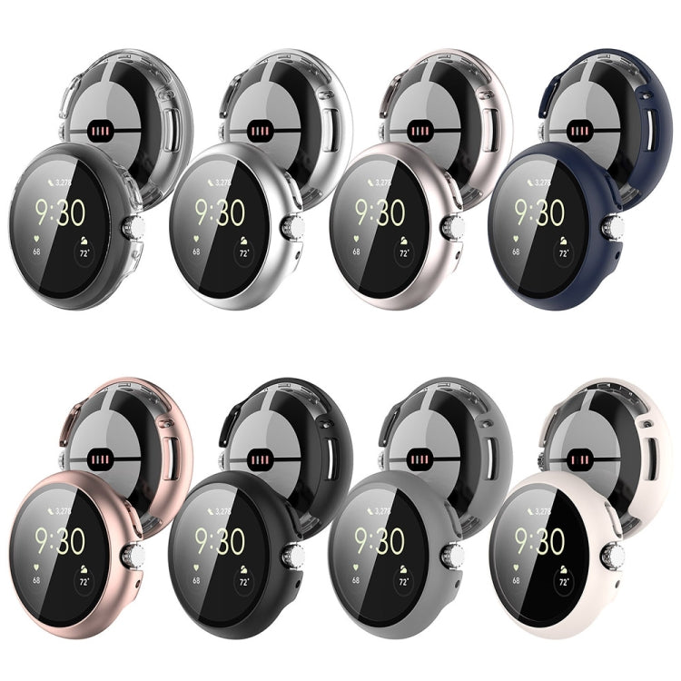 Google Pixel Watch 2 protective case made of PC and tempered glass, showcasing a sleek design that fully surrounds the watch for maximum protection.