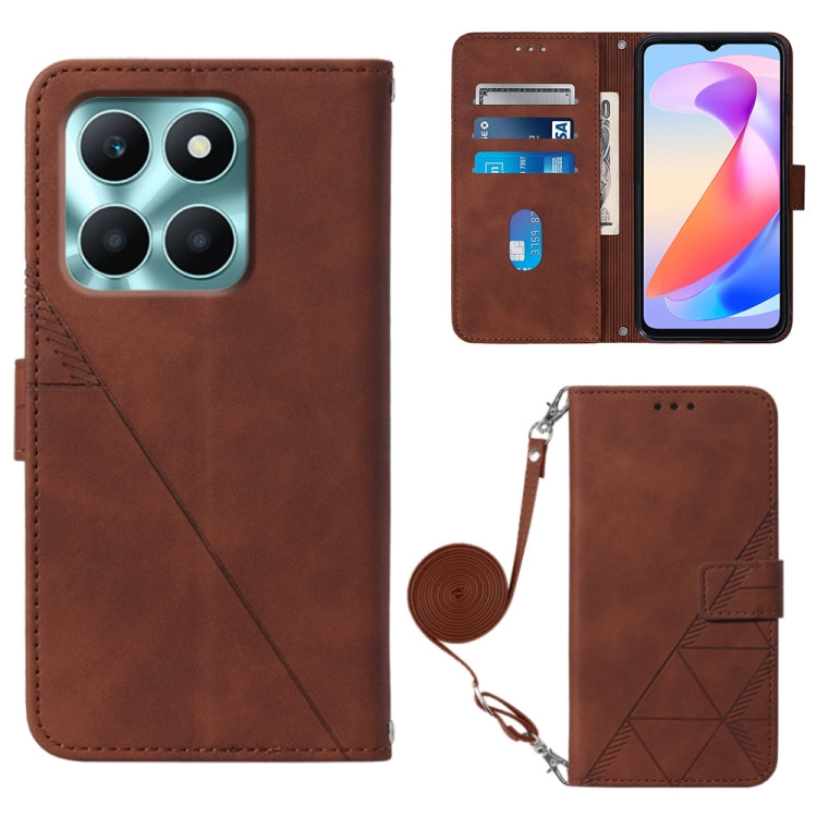 Brown For Honor X6a Crossbody 3D Embossed Flip Leather Phone Case with lanyard and card slots.