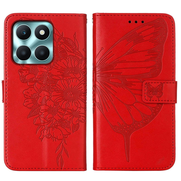 For Honor X6a Embossed Butterfly Leather Phone Case in red, showcasing its elegant design and practical features.