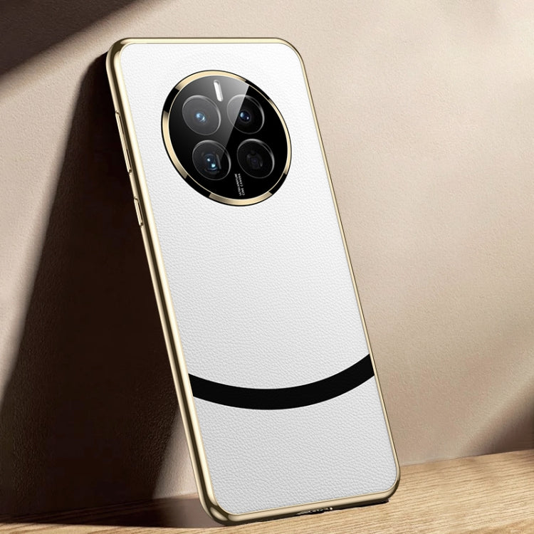 White Electroplated Edge + Leather Phone Case for Huawei Mate 50 Pro, showcasing its sleek design and durable materials.