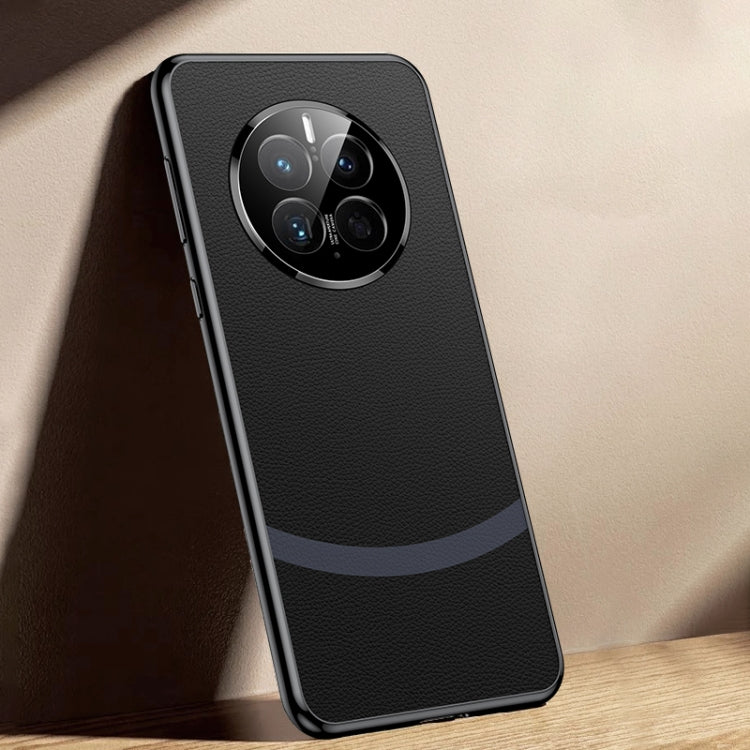 Black electroplated edge leather phone case for Huawei Mate 50 Pro, showcasing its sleek design and premium materials.