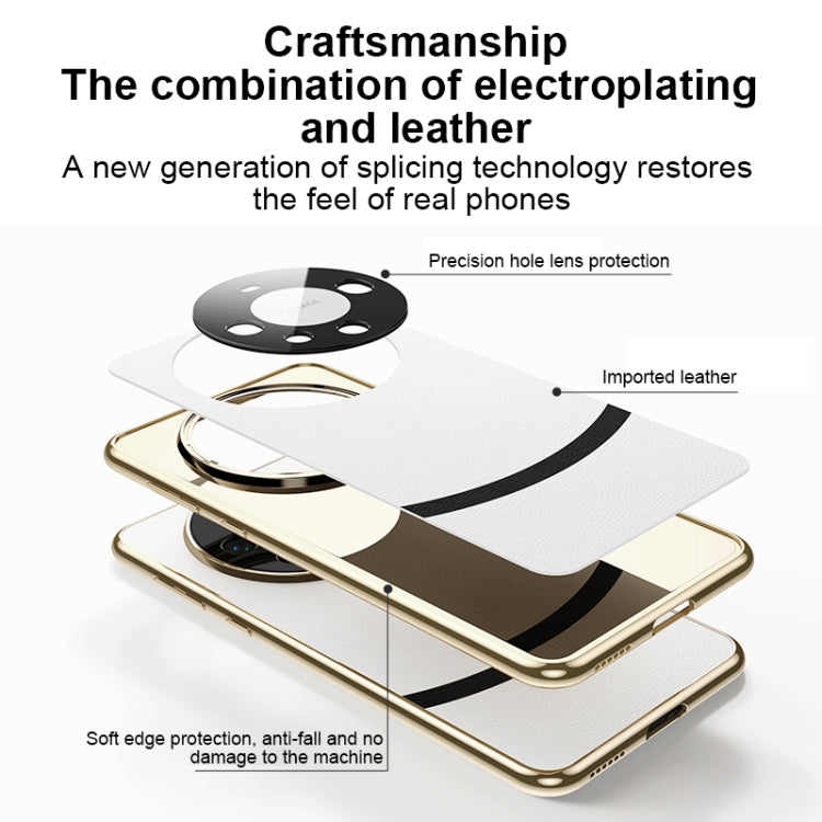 Black electroplated edge leather phone case for Huawei Mate 50 Pro, showcasing its sleek design and premium materials.