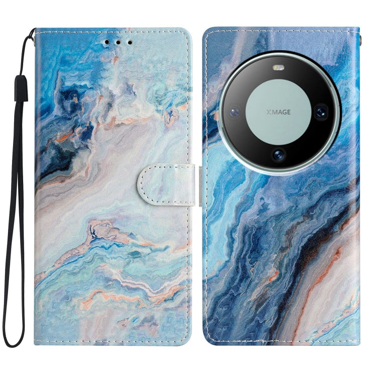 Blue Marble Leather Phone Case for Huawei Mate 60, featuring a stylish design with card slots and a wrist strap.