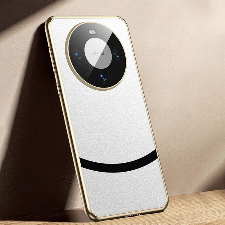 White Electroplated Edge + Leather Phone Case for Huawei Mate 60, showcasing its stylish design and durable materials.
