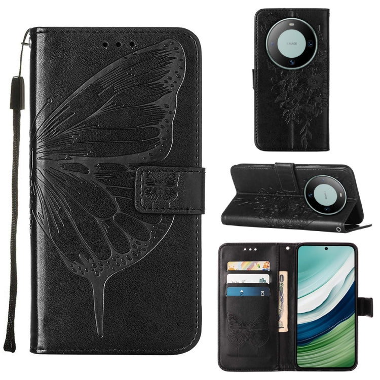 Black embossed butterfly leather phone case designed for Huawei Mate 60, showcasing its elegant design and functional features.
