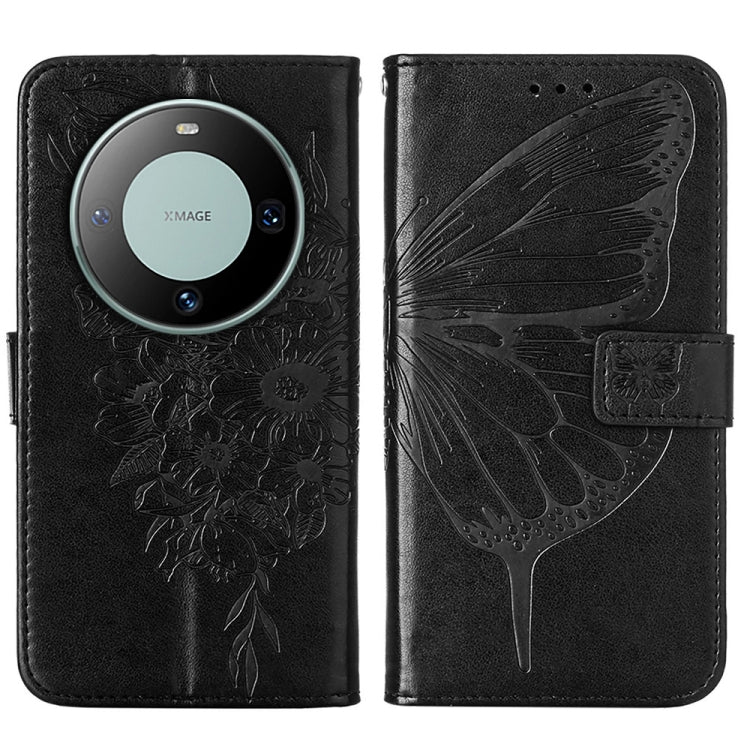 Black embossed butterfly leather phone case designed for Huawei Mate 60, showcasing its elegant design and functional features.