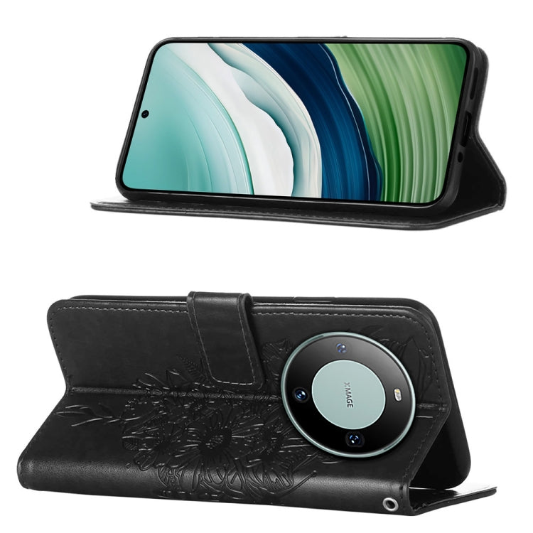 Black embossed butterfly leather phone case designed for Huawei Mate 60, showcasing its elegant design and functional features.
