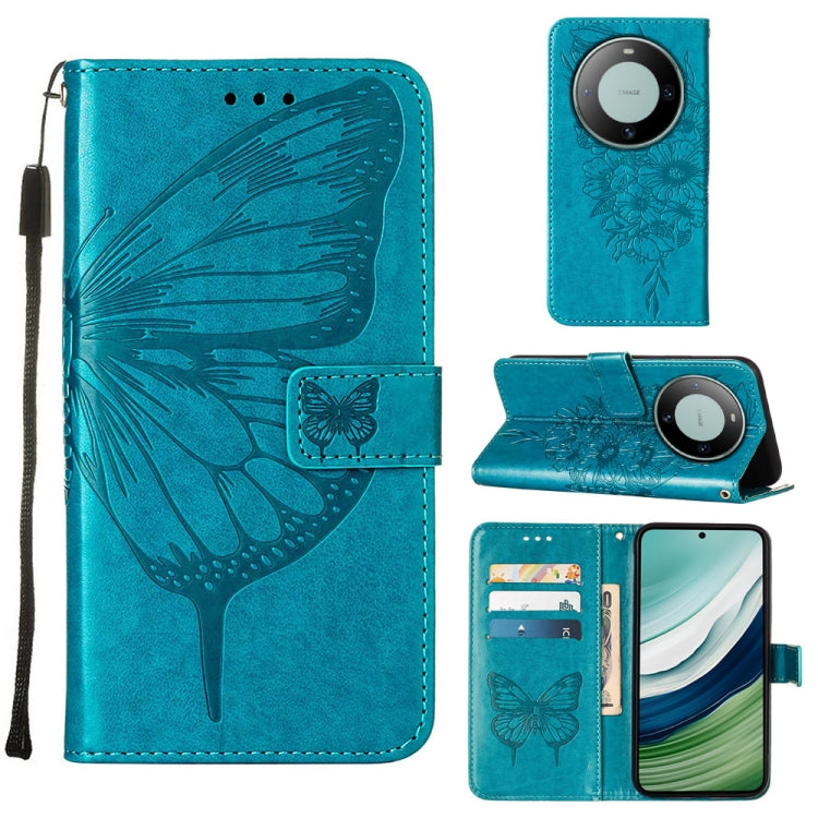Blue embossed butterfly leather phone case designed for Huawei Mate 60, showcasing its elegant design and practical features.
