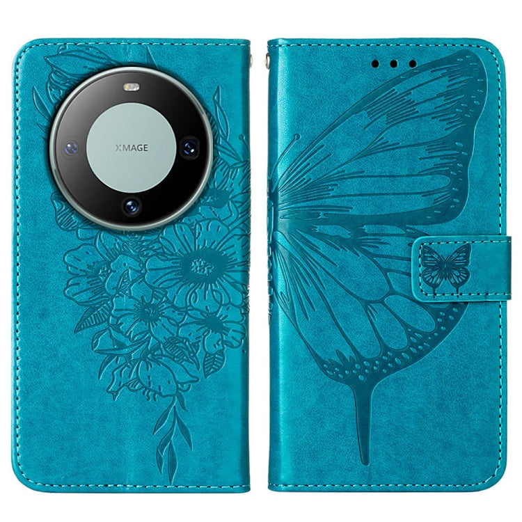 Blue embossed butterfly leather phone case designed for Huawei Mate 60, showcasing its elegant design and practical features.