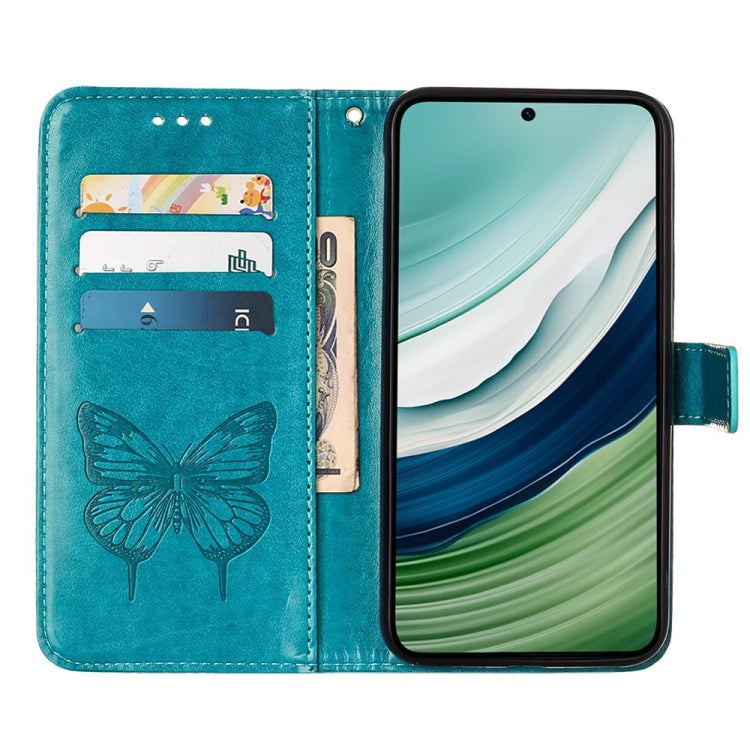 Blue embossed butterfly leather phone case designed for Huawei Mate 60, showcasing its elegant design and practical features.