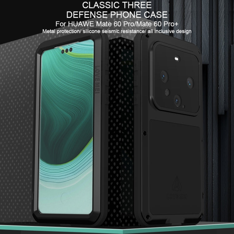LOVE MEI Metal Shockproof Case for Huawei Mate 60 Pro, showcasing its durable metal design and full coverage protection.