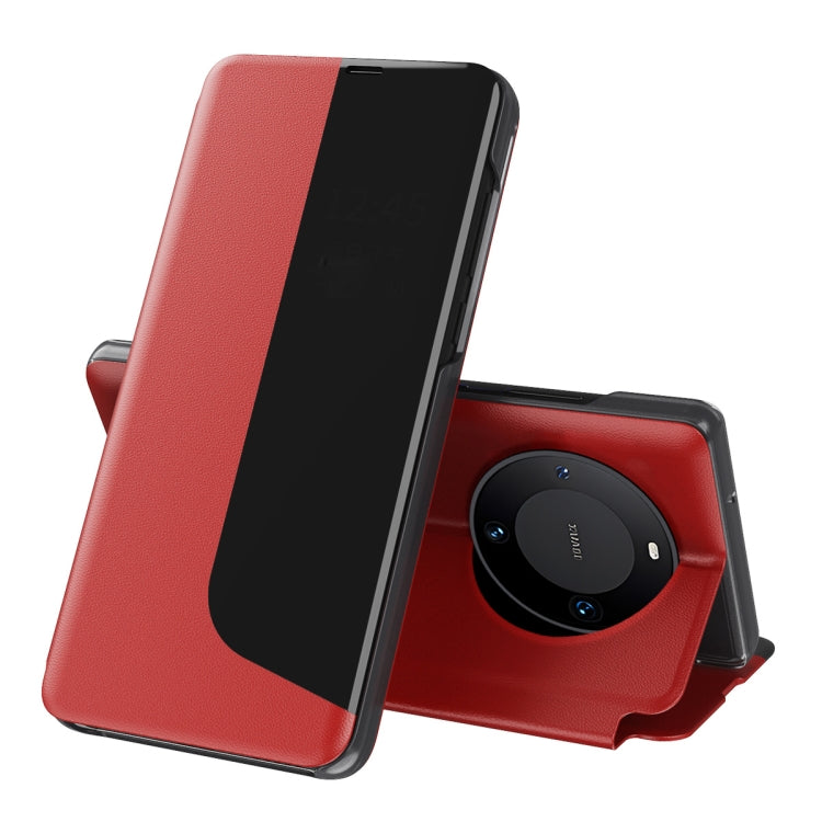Red leather flip holder case for Huawei Mate 60 Pro, showcasing its stylish design and protective features.